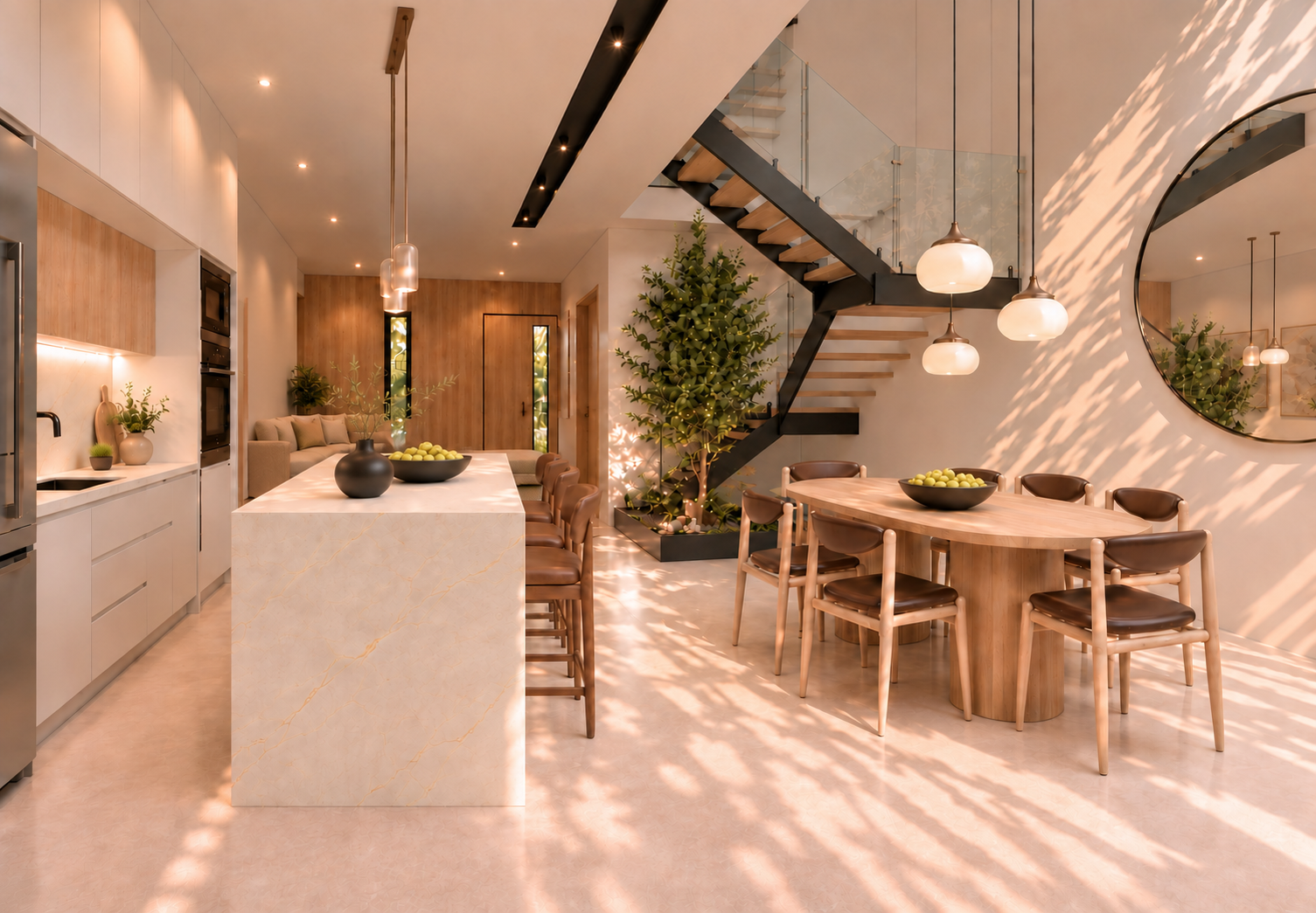 Render ilustrativo de Maple con comedor, isla de cocina y puerta de entrada al fondo